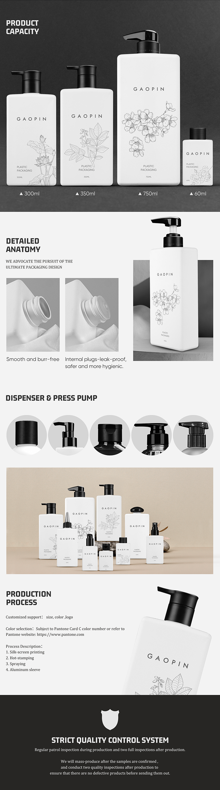 60ml 300ml 350ml 750ml White Custom color White HDPE plastic pump shampoo lotion bottles