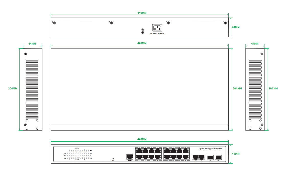16 портов Гигабит Управляемый коммутатор PoE Коммерческий 1U Rack 300W с 2 SFP / RJ45 Uplink