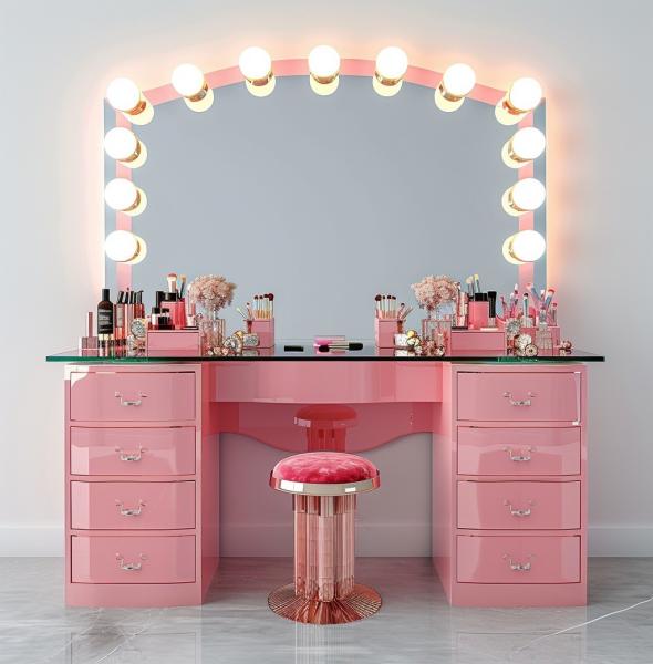 Bedroom Makeup Sets LED Lighted Mirror Vanity Table With Drawers And Storage Shelves Adjustable In Pink