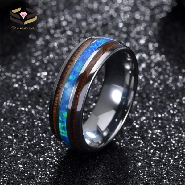 Silver Black Tungsten Carbide Wedding Ring 8mm With Koa Wood And Blue Opal Inlay