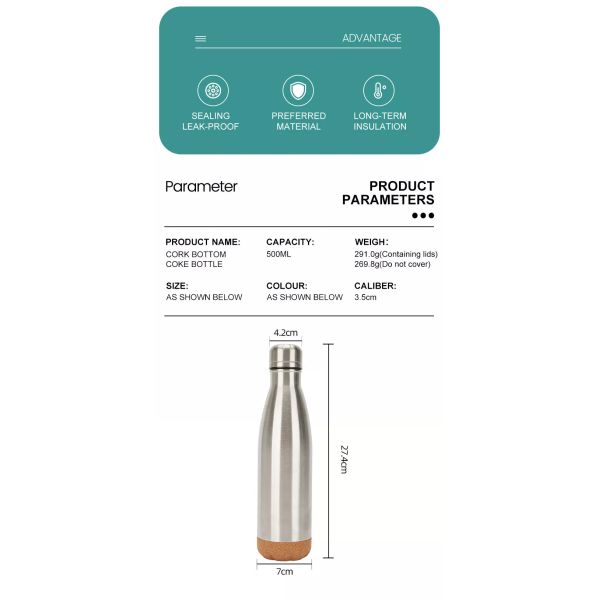500ml Cork Bottom Cola Shaped Vacuum Seal Insulated Flask Stainless Steel Water Bottle
