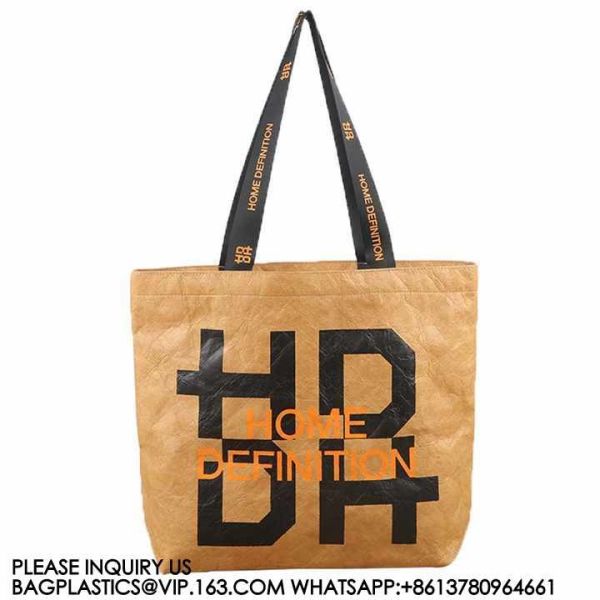Untearable Washable Promotional Recycled Custom Logo Printed Waterproof Washable Coated Tyvek Kraft Paper Tote Bag