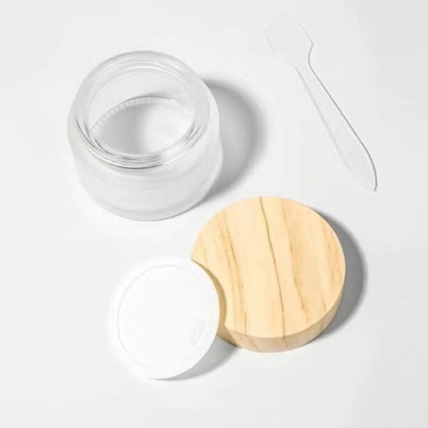 5g 10g 15g 30g 50g Empty Frosted Glass Cream Jars Refillable Cosmetic Natural Wood Leak-proof Travel Storage Containers for Eye Cream Face Mask Skincare
