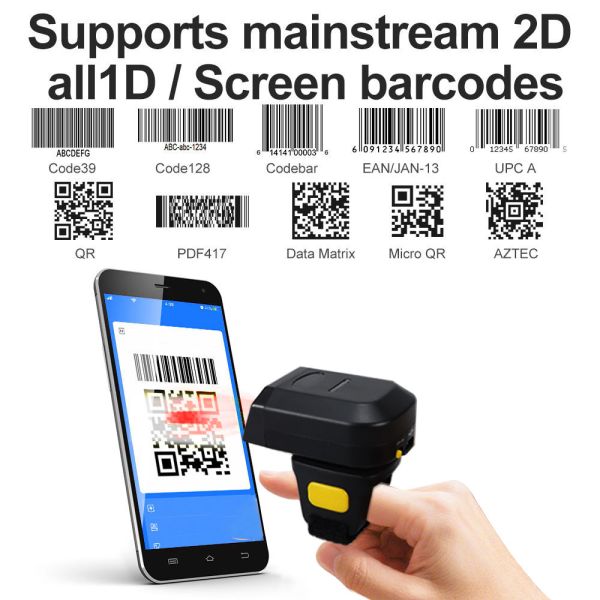 Wearable Finger QR Code Scanner 2D Barcode Reader for Inventory Control & Quick Data Capture