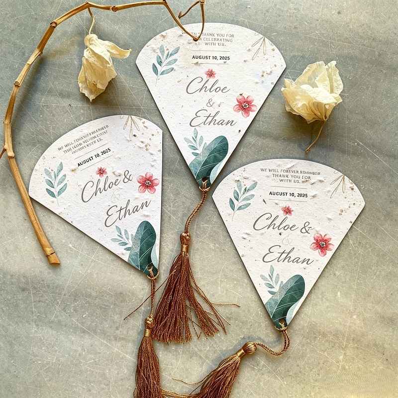 Seed Paper Wedding Fan Cards With Tassels And Plantable Wildflower Blend