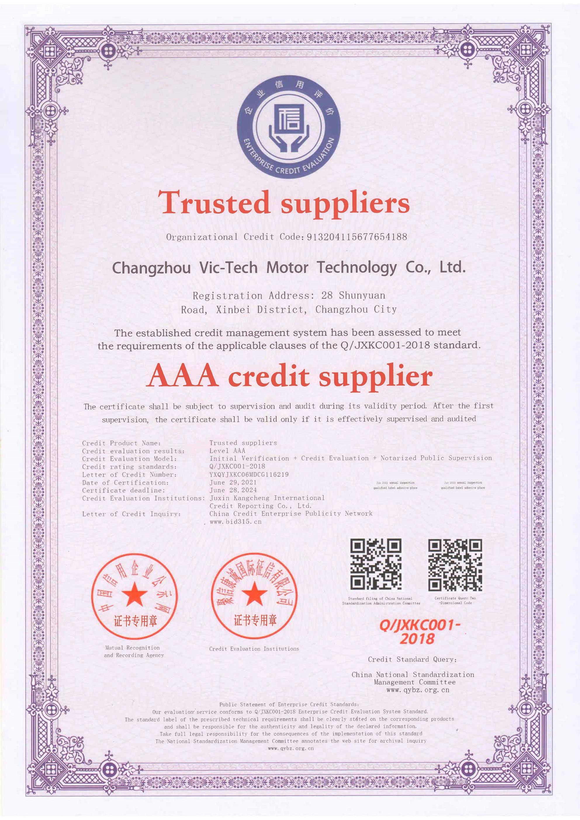 Changzhou Vic-Tech Motor Technology Co., Ltd. Сертификации