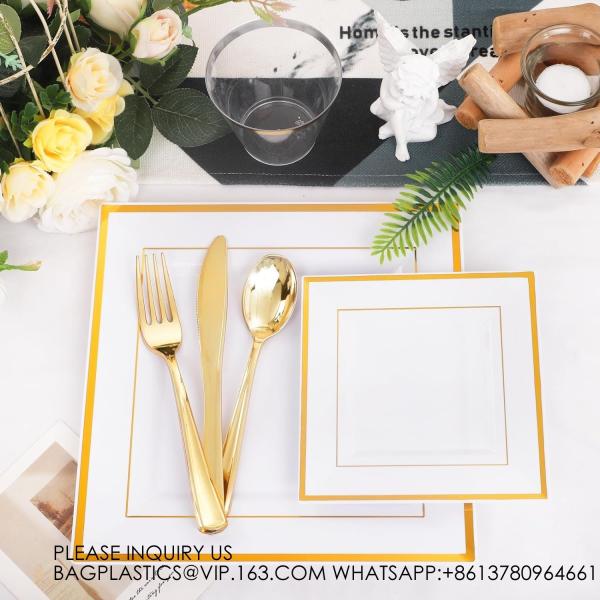 Gold Plastic Plates - Disposable Square Gold Plates Include Dinner Plates Dessert Plates Cups Plastic Cutlery