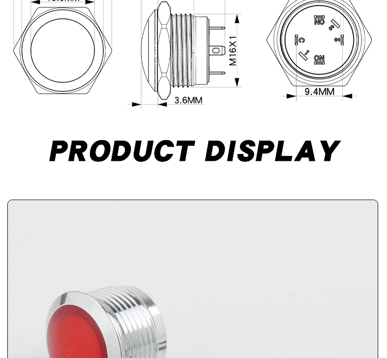 16MM Soft Light LED Power Indicator Light IP66 Rated Red/Green/Yellow/Blue/White 24V Nickel-plated Brass Shell for Control Panel