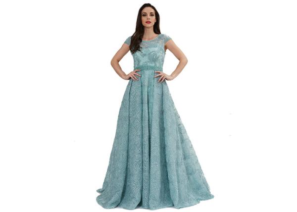 Sparkling Shiny Arabic Short Sleeve Ladies Evening Dresses Green Color Custom Size