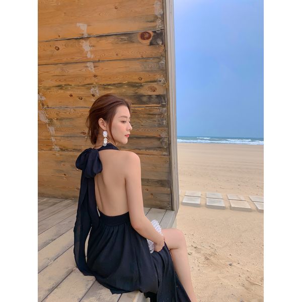 Backless Tie 136cm Black Chiffon Beach Dress V Neck Halter Strap Split
