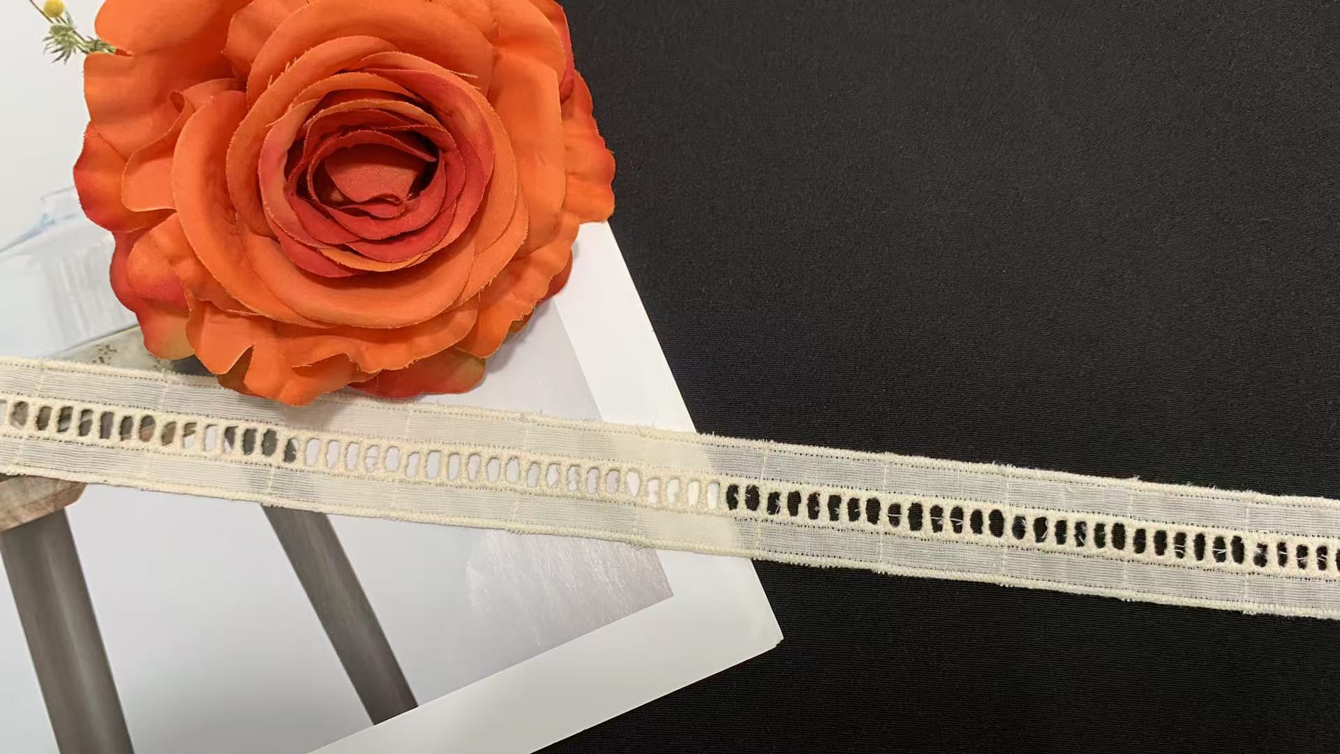2.5cm Width Cotton Chicken Lace Trim with Elongated Hollow Holes and Solid Cotton Weave for Dress Undergarment Decor