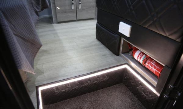 Leisure Hardtop Trailer RV Camping Trailer With Khaki Faux Leather Lounge Bathroom