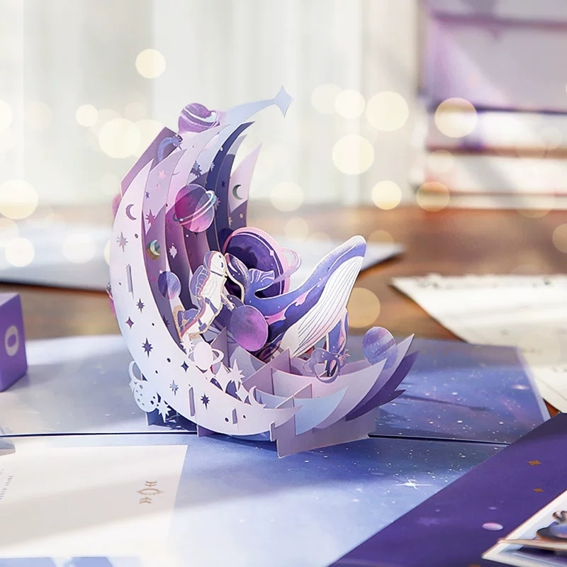 3d Pop Up Greeting Cards With Laser-cut Cosmic Crescent Moon And Whale Motifs
