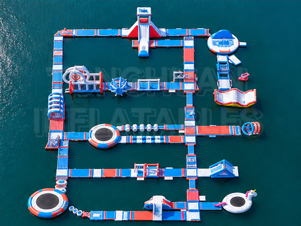 Custom Modular Inflatable Water Park with Floating Walkways Slides Trampolines and Balance Obstacles for Lakes Resorts Beaches and Commercial Recreation Projects
