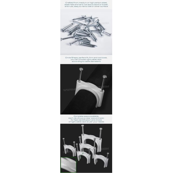 Double Nail Cable Clips (Double Nail Pipe Clips), Round Type, Two Steel Nails, Polyethylene, White/Black, 30mm~50mm, For Large Cables