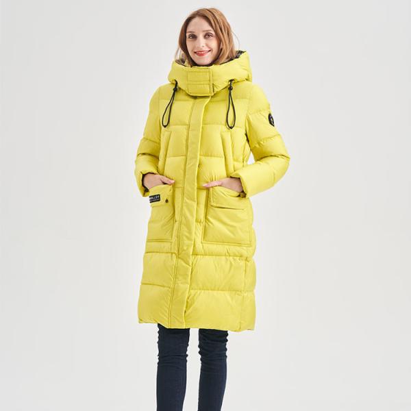 FODARLLOY Women's Winter Down Coats Jacket Yellow Women's Zipper Slim Hooded Coat Female Warm Parkas Long Puffer Jacket