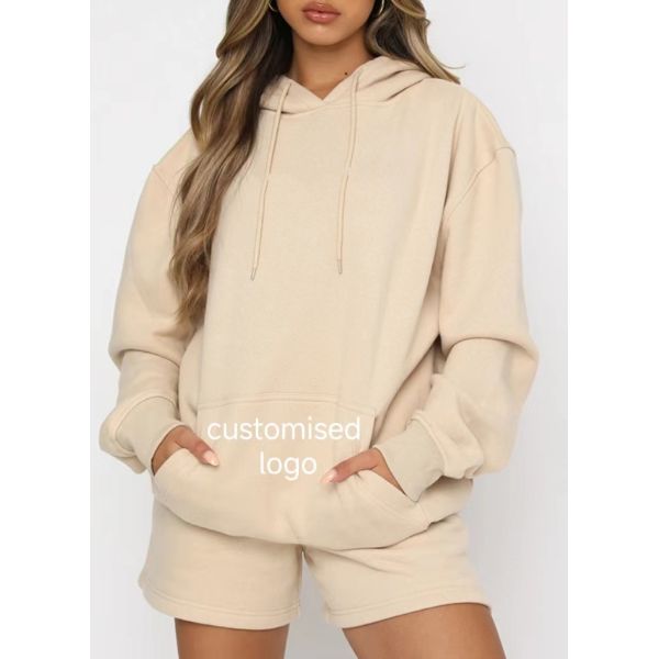 Cotton Fleece Puff Print Hoodies 2 Piece Set 100% Polyester Women Sportswear