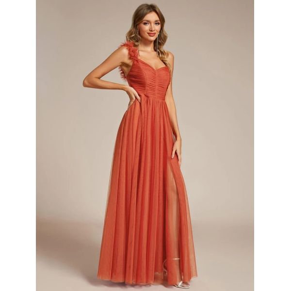 Exquisite One-shoulder Sweetheart Ruffled A-line Zipper Pleated High Slit Burnt