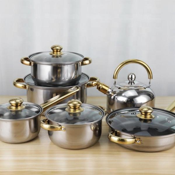 High Quality Kitchen Cooking Pot Set 12 Pcs Stainless Steel Cookware Set With Golden Handle