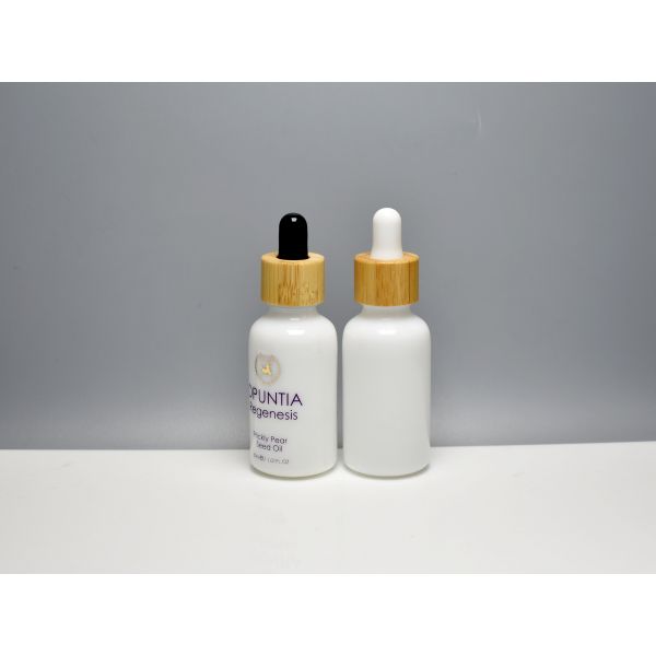 ES-D435B(W), opal white glass bottles with bamboo bulb rubber dropper cap, glass primary skin essence oil packaging