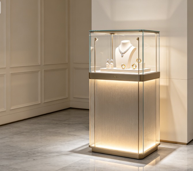Modern Wood Glass Display Showcase Cabinet with LED Lighting High Quality GZowin Brand for Luxury Jewelry Gift Shopping Mall