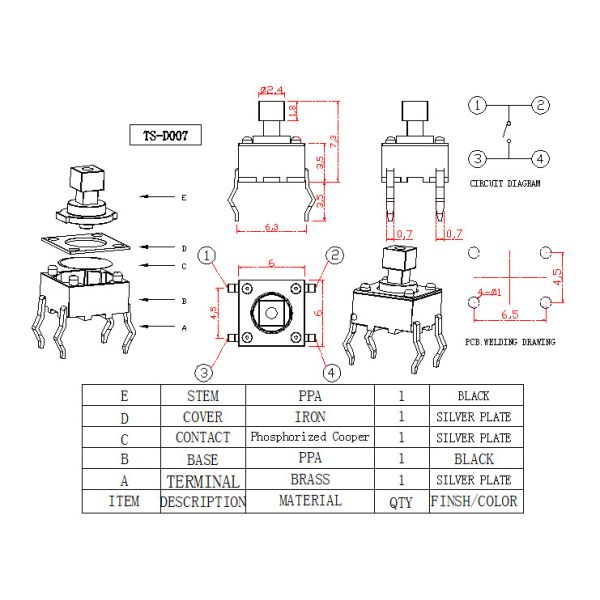 Through Hole Terminal Surface Mount Tactile Switch ALPS Square Button