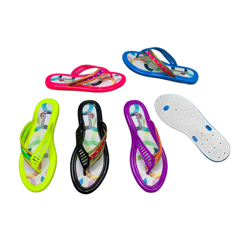 PVC Women Flip Flops With Jelly Color Strap, Colorful Rhinestones And Geometric Print Insole