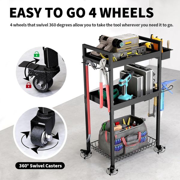 Montado en la pared 3 Niveles de perforación Estante de estantería Portaherramientas de carrito rodante para organización de talleres