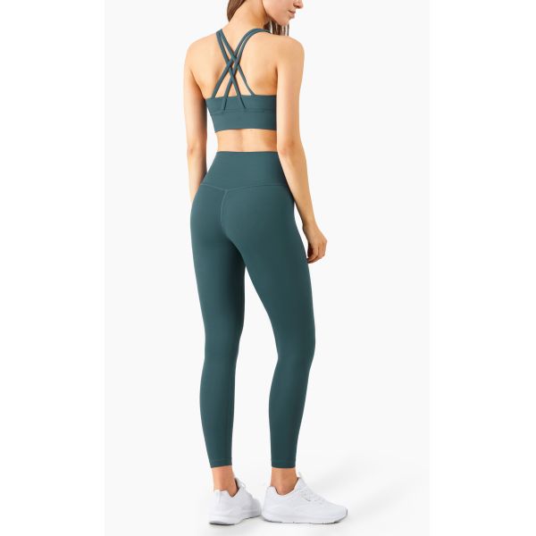 Cross Back Yoga Set Clothes Gathered Belly Matching Sports Bra And Leggings Set