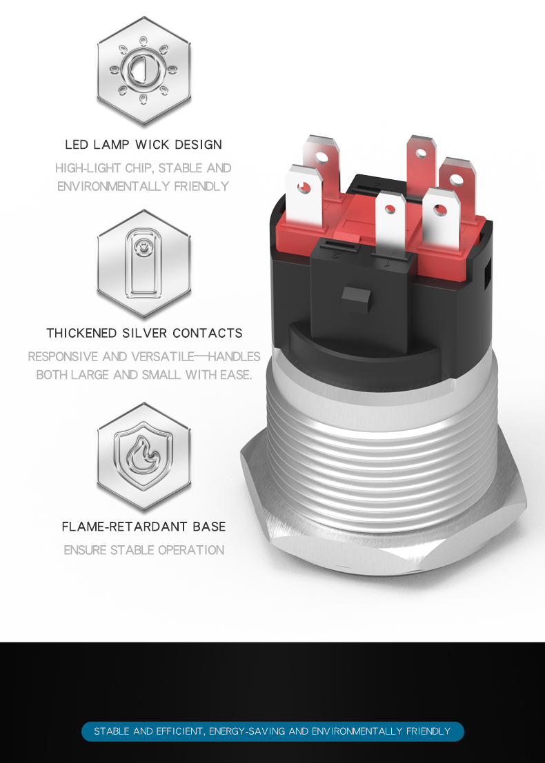 22MM10A High-Current Metal Push Button Switch with Light, Self-Reset and Self-Locking, Normally Open and Normally Closed