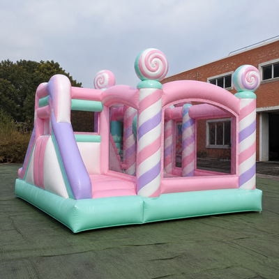 Pastel Candy Inflatable Bouncer Slide with Lollipop Decorations Dual Play Areas and Safety Mesh