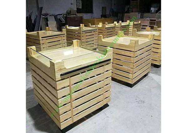 Durable Hypermarket Wooden Fruit Stand With Acrylic Guardrail On Top