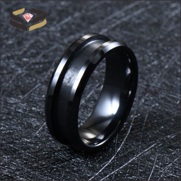 Anillos de cerámica para bodas negros para hombre y mujer, 4 mm, 6 mm y 8 mm, con incrustación personalizable