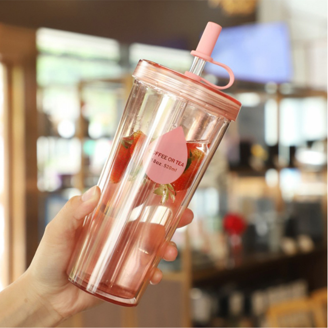 Simple Double-layer Large Capacity Plastic Straw Cup Creative Student Transparent Milk And Juice Water Bottle