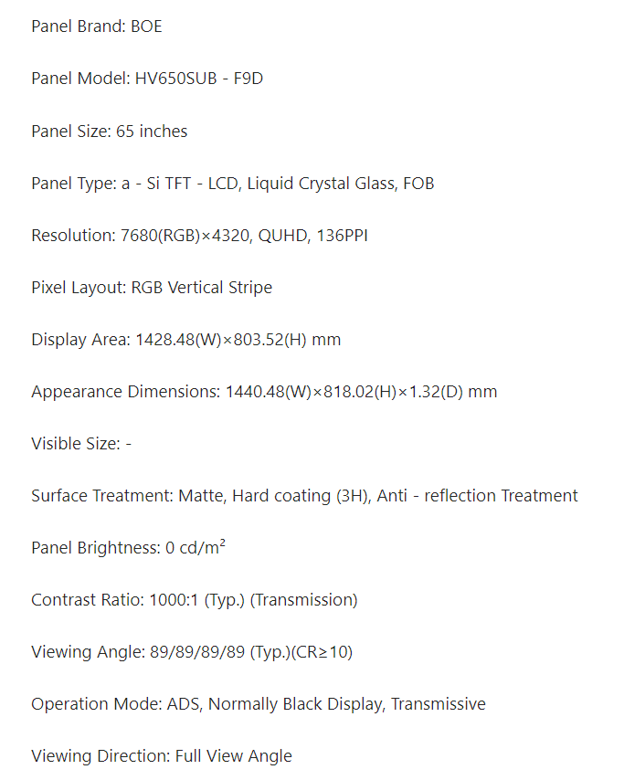 HV650SUB-F9D BOE LCD Panel 65 Inch Curved Smart TV 4K Ultra HD TV Screen Display Panel