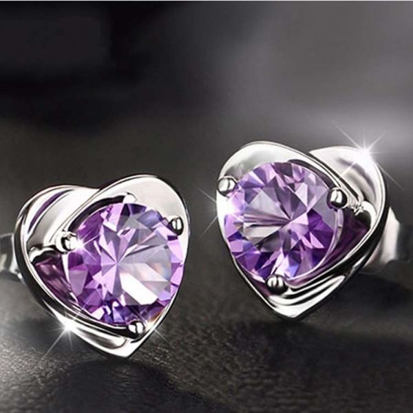 925 Silver with Created Amethyst Heart Stud Earrings(EESTUD01)