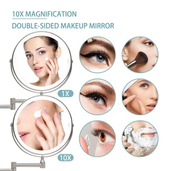 8 Inch Chrome 10x Magnifying Double Side USB Charging Bathroom 3 Color Makeup Mirror lamp(WH-MR-82)