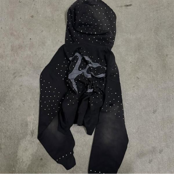 Embroidery Patch Logo Streetwear Mens Hoodies Rhinestone Hooded Sweatshirt