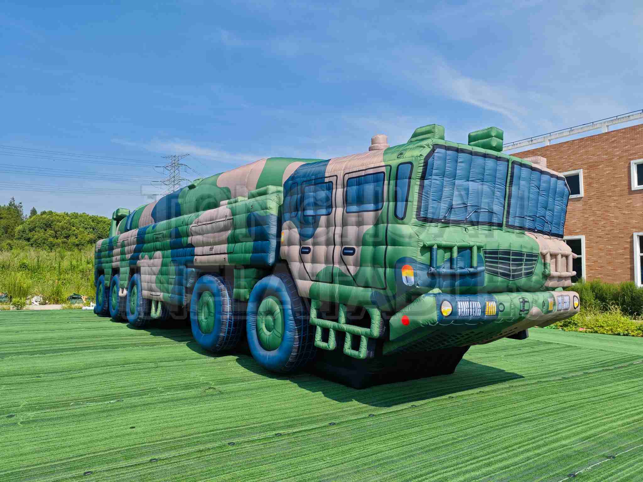 Custom Inflatable Launcher Vehicle Replica with Long Canister Body Multi Axle Chassis and Camouflage Printing for Training Displays and Outdoor Projects