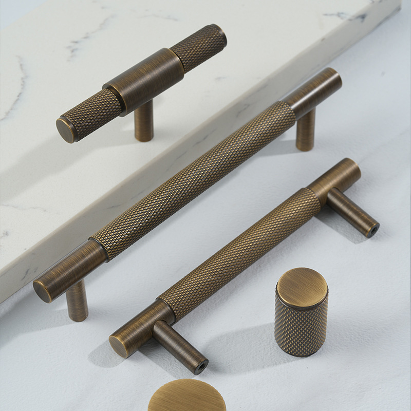 Modernity Minimalist Nordic Brass T-Bar Long Handle Adjustable Cabinet Wardrobe Door Hardware with Knurled Door Knob