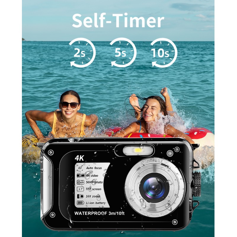 4K 56MP HD Waterproof Camera 2.7'' Screen 10FT 3M Underwater Swimming Camera 16X Digital Zoom Camera for Snorkeling and  Diving