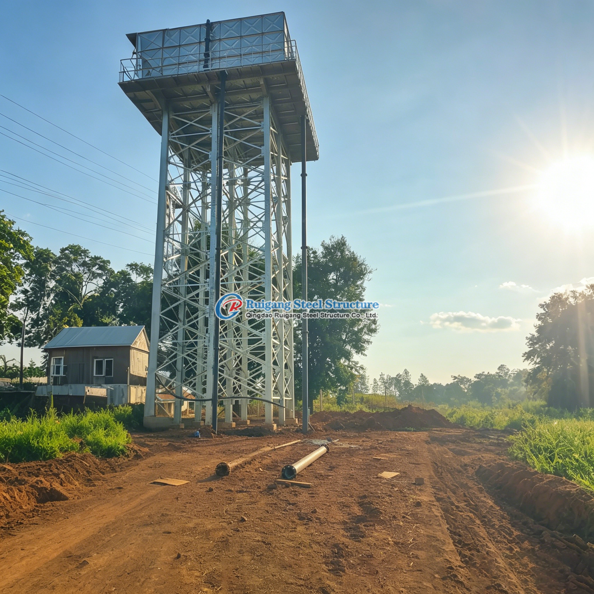 HDG Galvanized Steel Panels Bolted Assembled 30000 Liters Water Tank Stands On Tower