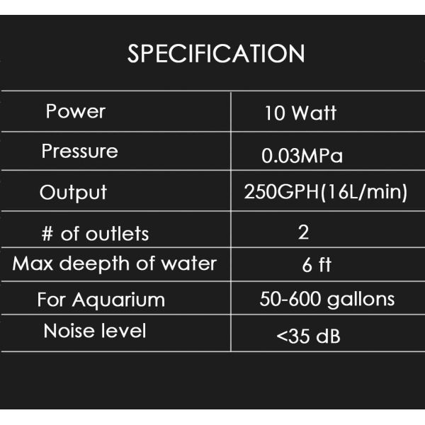 Plastic 255GPH 10W dual Air Pump For Fish Tank