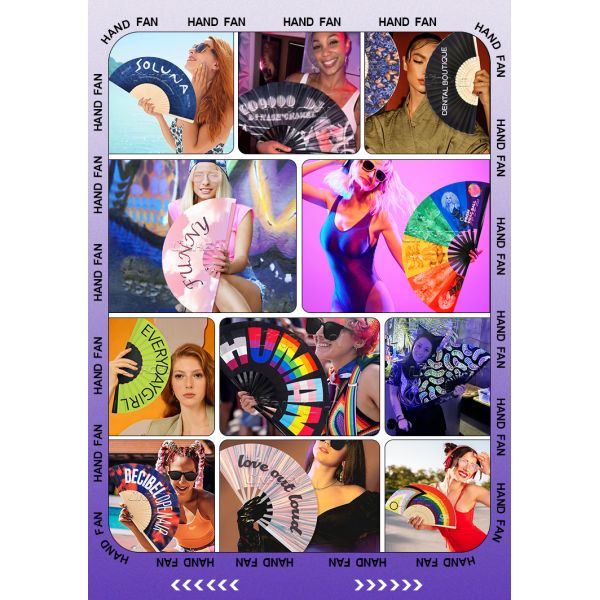 Custom Printed Large 33 cm Portable Painted Design Rave Bamboo Folding Hand Fan for Music Performance Festivals and Parties