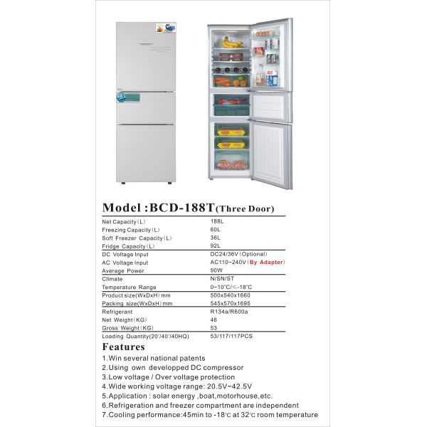 188L DC upright solar fridge freezer AC/DC compressor fridge ( upright 3doors 188L218L)