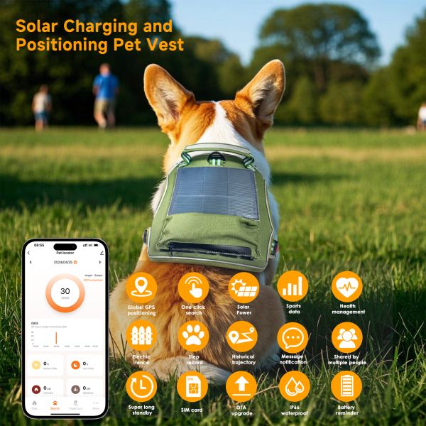 Solar Powered Rechargeable Pet GPS Tracker with GPRS Real-Time Tracking IP67 Waterproof Outdoor Dog Health Monitor Nylon Collar