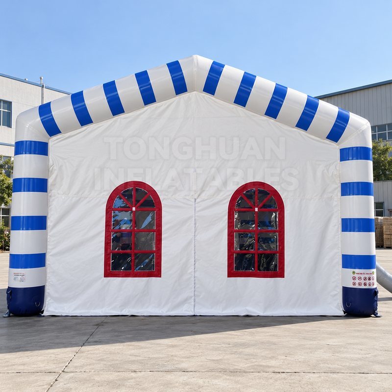 Custom Blue and White Inflatable Event Tent with Red Arched Windows for Outdoor Parties and Commercial Activities