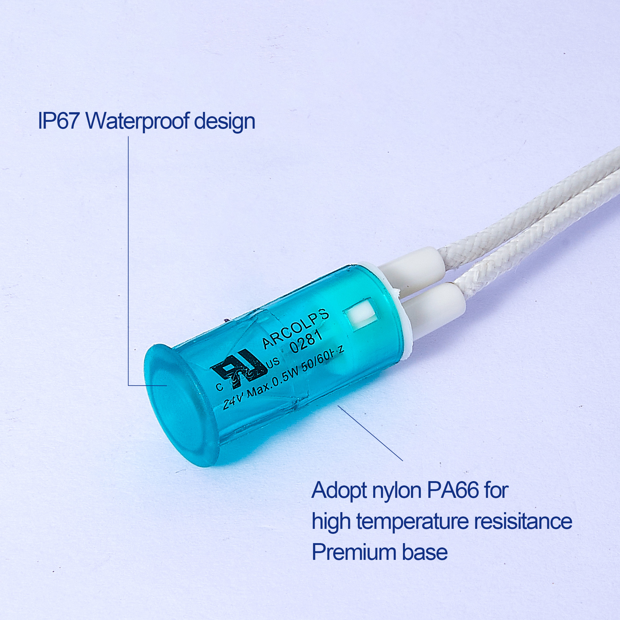 Blue Neon LED Indicator Light for Panel Indication Communication Systems 200-250V AC Voltage Plastic Material IP65 Rated 50000
