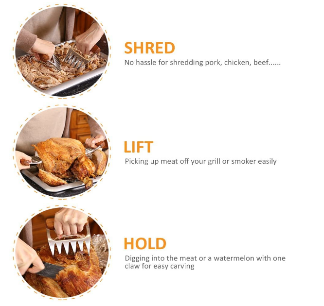 Metal Meat Shredder Claws Stainless Steel Meat Forks with Wooden Handle for Shredding