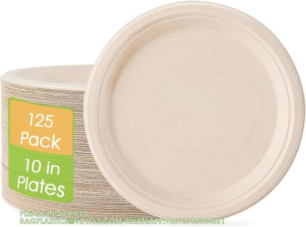 100% Compostable 10 Inch Paper Plates, Heavy Duty Paper Plates, Disposable Biodegradable Eco-Friendly Sugarcane